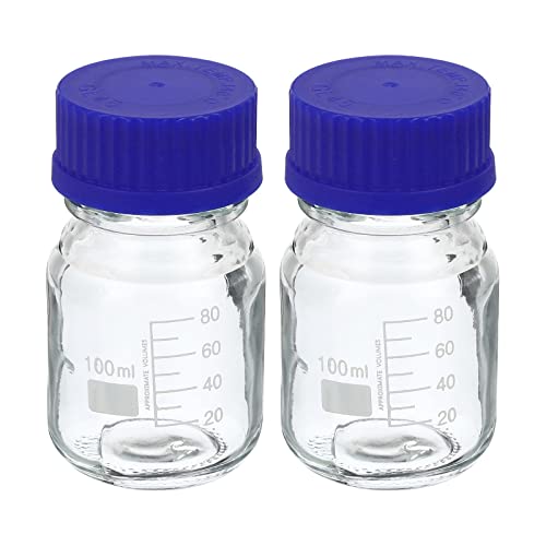 PATIKIL 100mL 培地ボトル 2個 丸型 目盛りガラス 保存瓶 ブルースクリューキャップ ラボ ホーム用 クリア